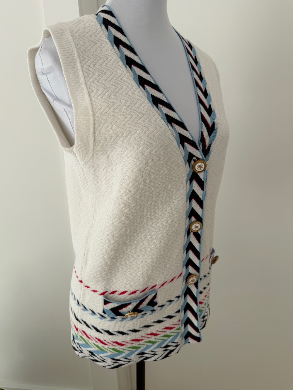 CHINSTUDIO Button Front Knit Vest Chevron Stripe Trim Preppy Nautical Nordic - Picture 6 of 17